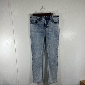 Blue Straight Leg Jeans with Vintage Wash Distressed Hems High Rise
